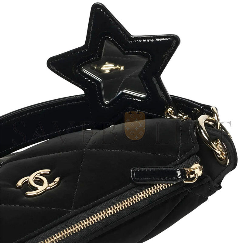 CHANEL MASTER CLUTCH WITH CHAIN BLACK VELVET-EFFECT NYLON SHINY CRINKLED CALFSKIN AS4791 (21*16*5.5cm)